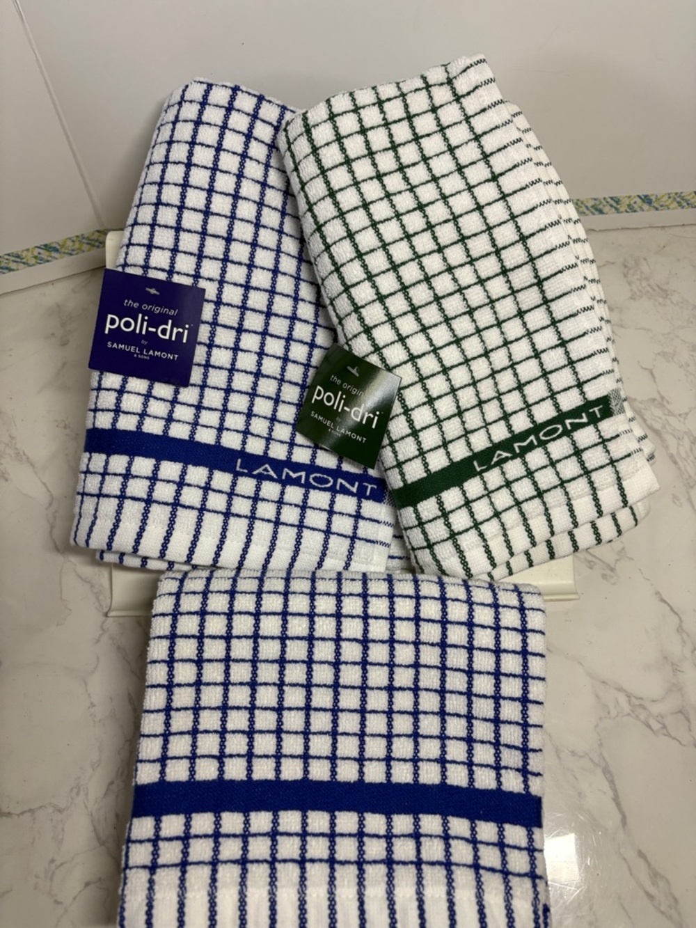Set of 2 NWT + 1 Lamont Poli-Dri Grid Kitchen Towels - Blue/White; Green/White